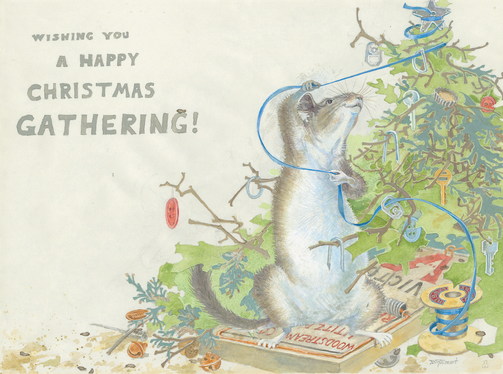 Barbara East Christmas card of a mouse roping a tree