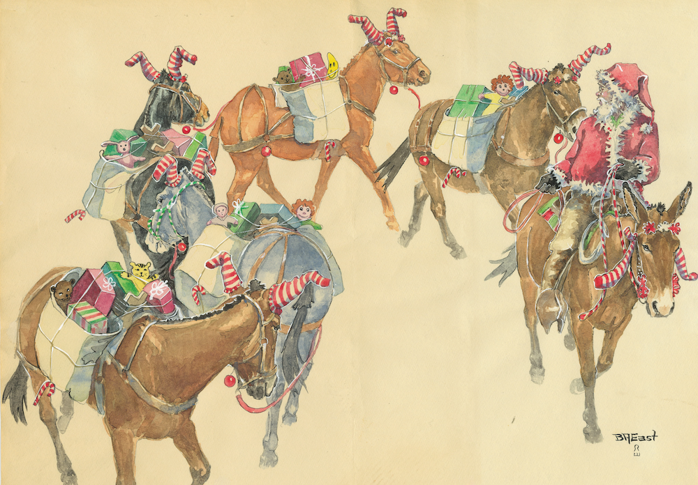 Barbara East Christmas card on horses carrying presents