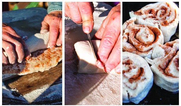 Sourdough cinnamon rolls start as a tube of dough that is rolled, sliced into individual spirals and then placed in the Dutch oven.