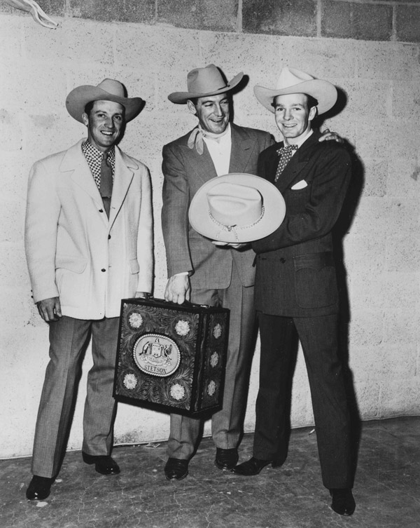 Don McLaughlin, at left, featured in Rodeo Legends, Volume 2, is shown with Bill Linderman and Casey Tibbs, who were included in the first Rodeo Legends book. CREDIT: DEVERE HELFRICH COURTESY NATIONAL COWBOY AND WESTERN HERITAGE MUSEUM
