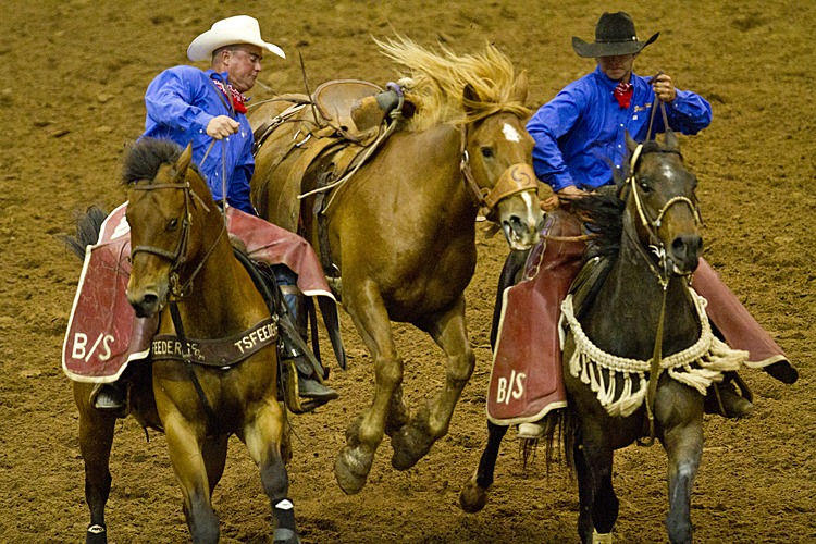 Pickup men handle a bronc during the ranch rodeo.