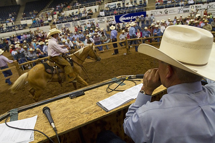 Steve Friskup auctioneers during the Invitational Ranch Horse Sale. With 69 consignments, the sale averaged $5,832.