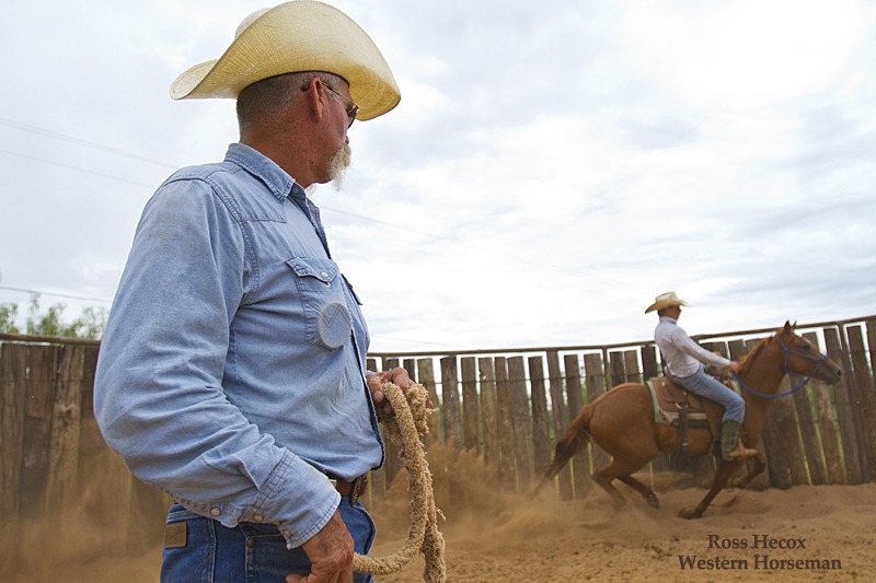 Rod Smith watches assistant trainer Matt Hamm put an early ride on a young colt. For more than 25 years, Smith and Jeff Williams have partnered in a colt-starting business in Post, Texas. The two men continue to train young horses for area ranches and cowboys.