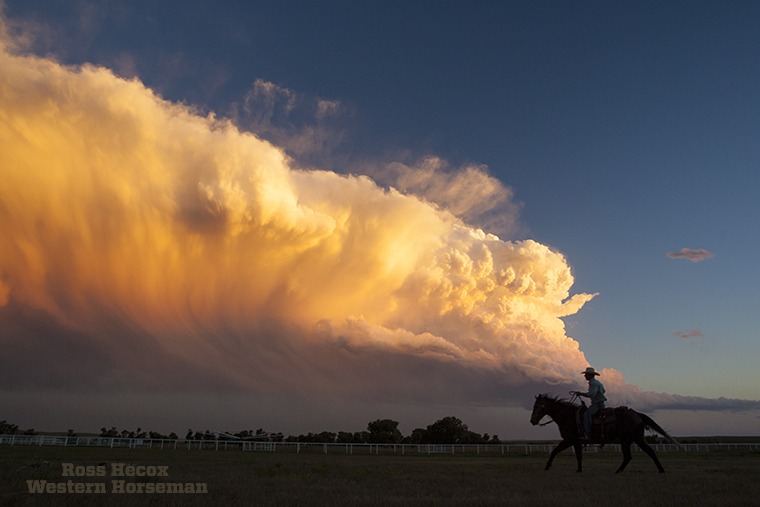 My favorite photos capture events that are not staged. I was on assignment at Haythorn Land & Cattle in Nebraska when a thunderstorm passed through. The day's work was done, and once the rain stopped one of the cowboys began working with one of his colts. Light from the setting sun painted the passing thunder clouds a brilliant orange and yellow.