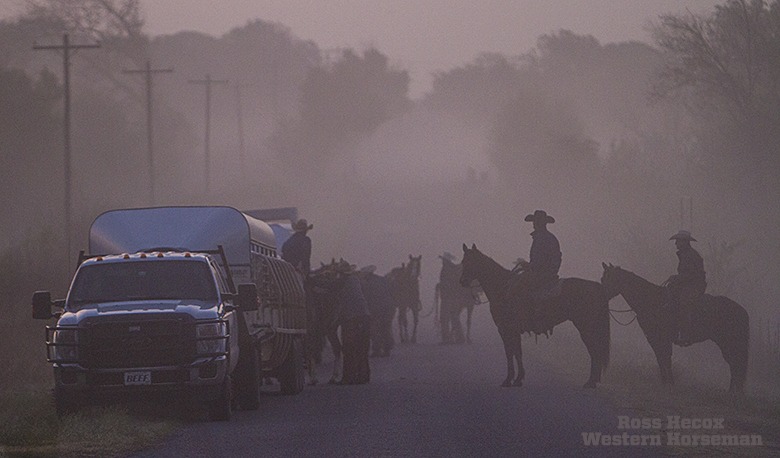 Last Friday I photographed a branding on the Hall Ranch in southern Oklahoma. The area has had a lot of rain lately, so we gathered mushy pastures in dense fog. Before striking out, I got this shot of the crew unloading and mounting up. The ranch isn't one contiguous property, so trailering horses to various pastures is necessary.