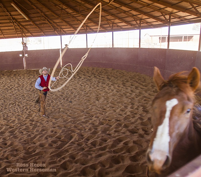 True Burson tosses a hoolihan loop on a young horse at the Four Sixes Ranch in Guthrie, Texas. We ran an article about True and his brothers, Zack and Dusty, in the April 2015 issue of Western Horseman, and I went to the Sixes to get photos of True and Dusty starting colts.
