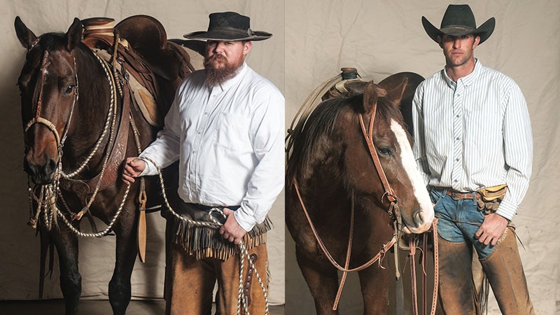 comparison shot of a buckaroo with horse and a cowpuncher with horse