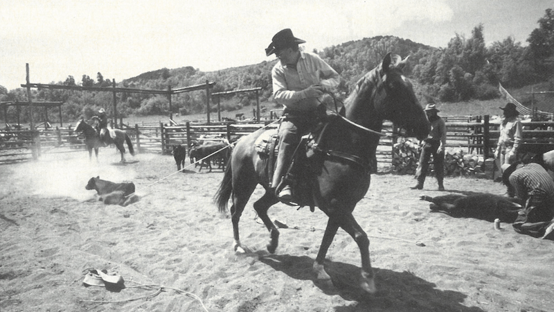 Red Steagall dragging a calf to the fire