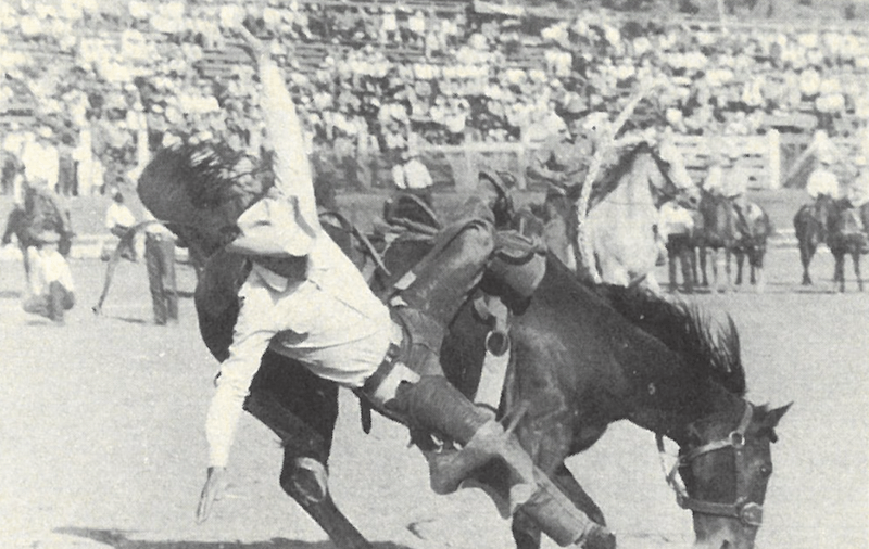 Don Dewar getting bucked off a saddle bronc horse at Pendleton
