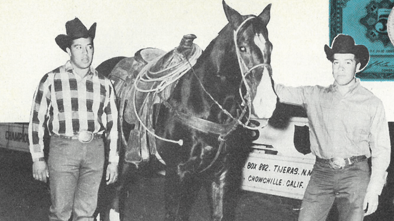Camarillo brothers standing by heel horse Peso