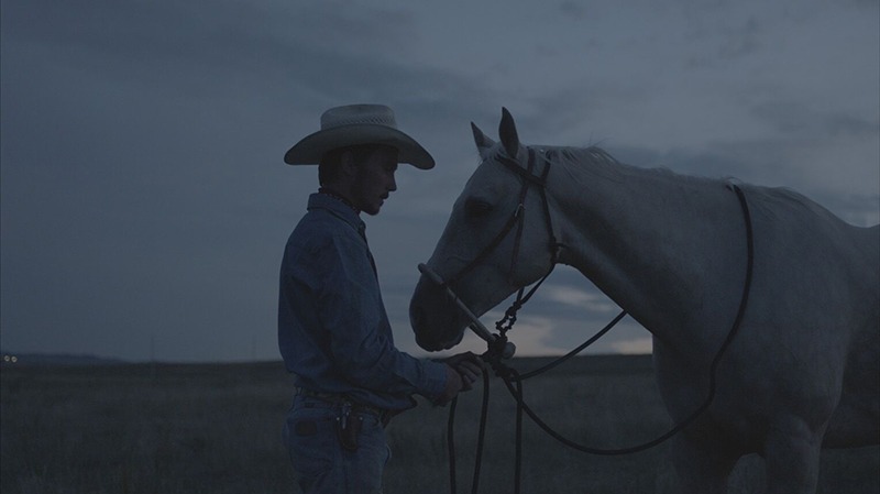cowboy looks at palomino horse