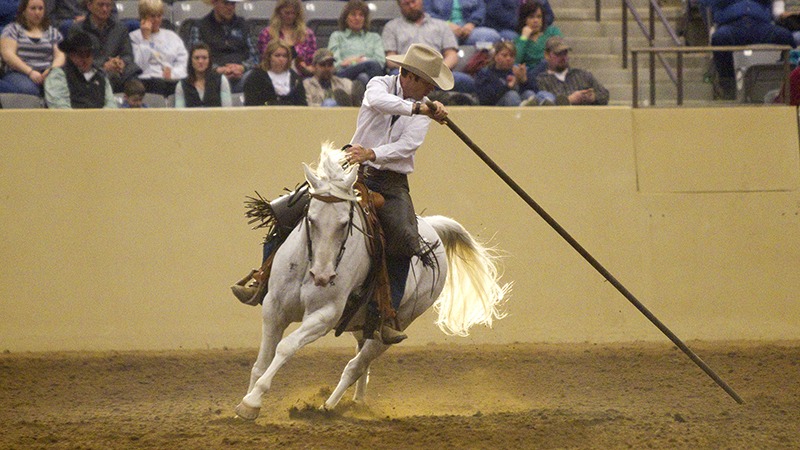 horseman Jonathan Field rides horse with garrocha pole