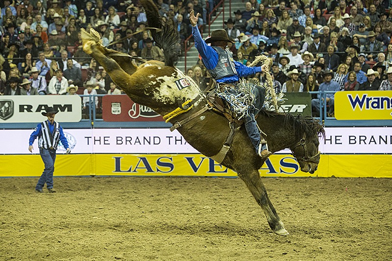 Cort Scheer riding a saddle bronc horse at the NFR