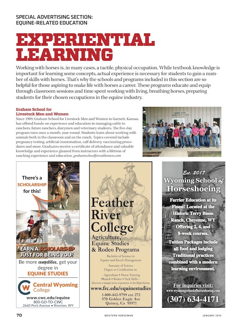 Special Advertising Section  page on Experiential Learning from Western Horseman January 2018 issue