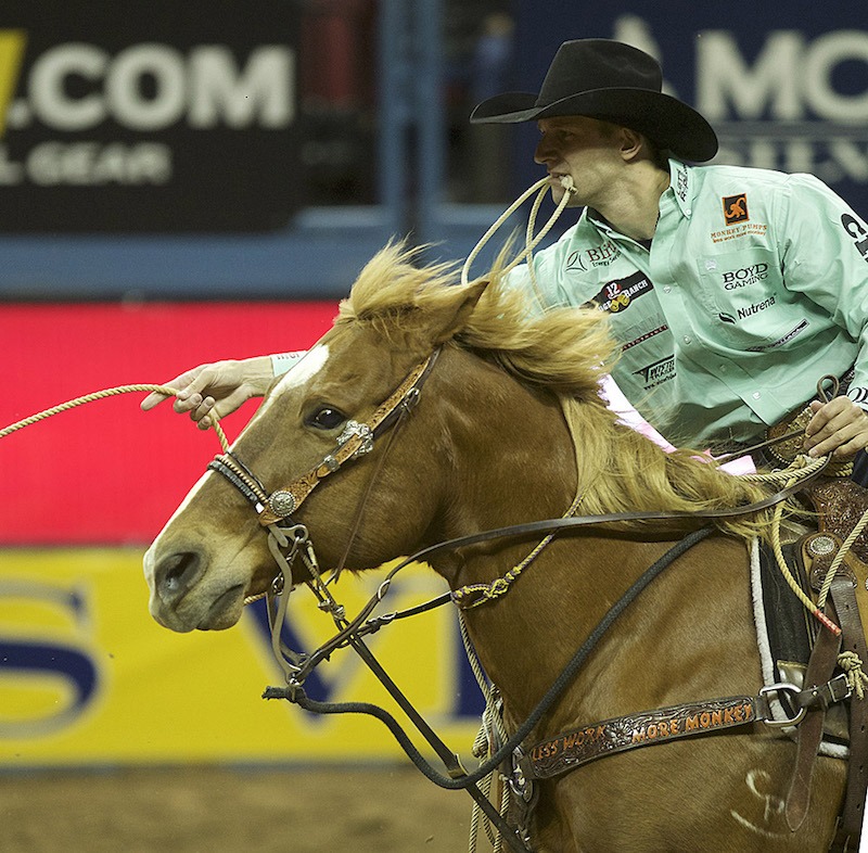 Shane Hanchey getting off horse to tie down a calf at the NFR