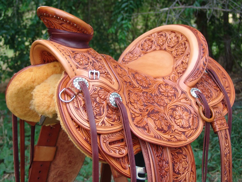 American made Wade saddle on stand by Chas Weldon