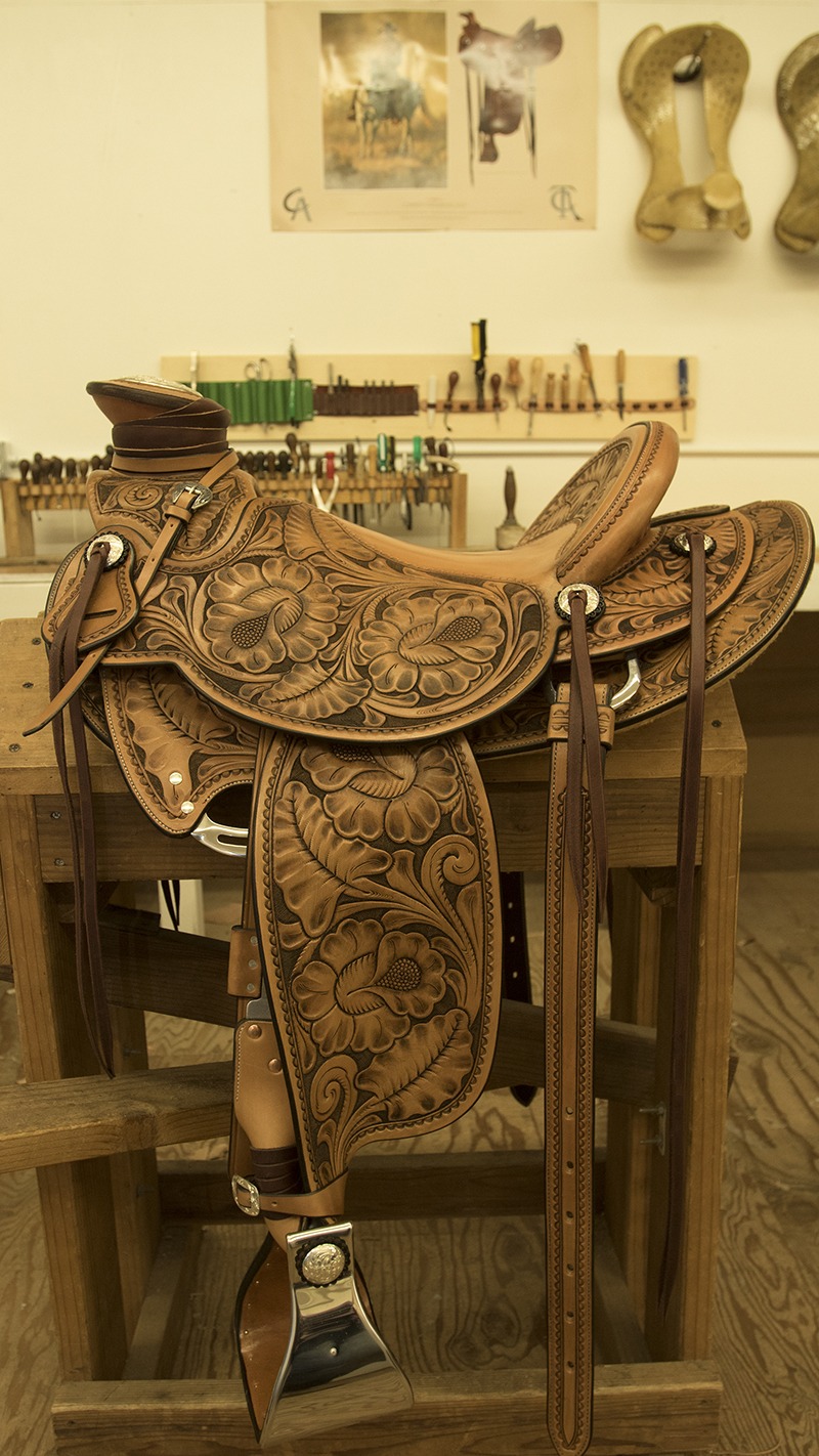 Wade saddle on stand at Hamley & Co in Pendleton, Oregon