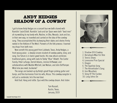 "Shadow of a Cowboy" album back cover
