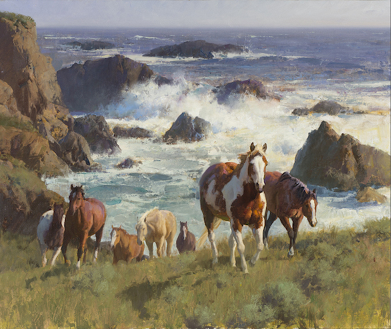 Bill Anton's Incoming Tide, a painting of the ocean and horses