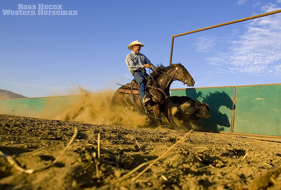 Snaffle Bit Futurity champion Lance Johnston stops a cow on the fence.