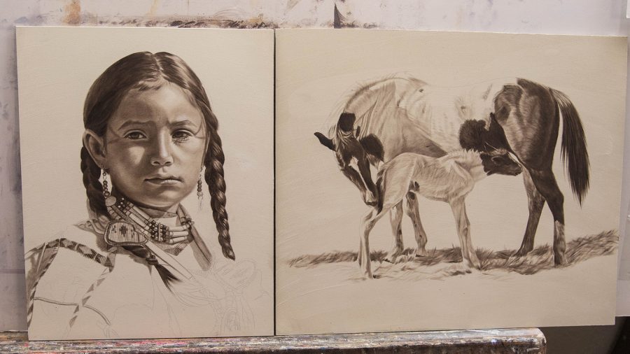 Artist Ann Hanson creates an underpainting before applying color.