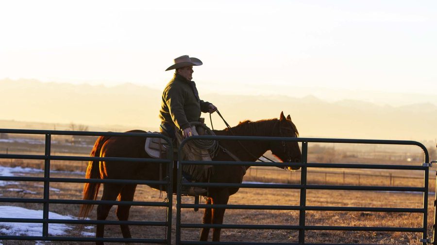 Mike Brashear opens a gate horseback in Fort Lupton, Colorado.