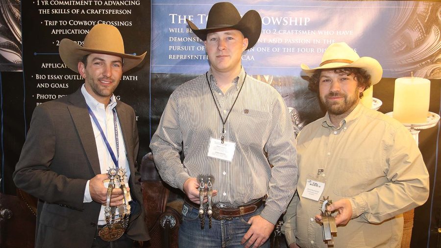 Spur makers show the spurs they made for the TCAA Emerging Artists Competition.Curtis Hill (left), Matthew Turner and David Harshberger competed in this year’s Traditional Cowboy Arts Association Emerging Artists Competition.