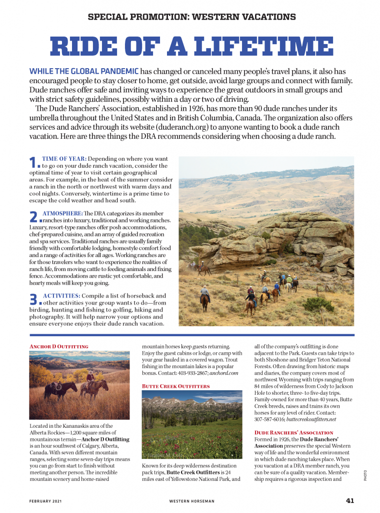 Page 1 of the Dude Ranch vacations special promotion section in Western Horseman magazine