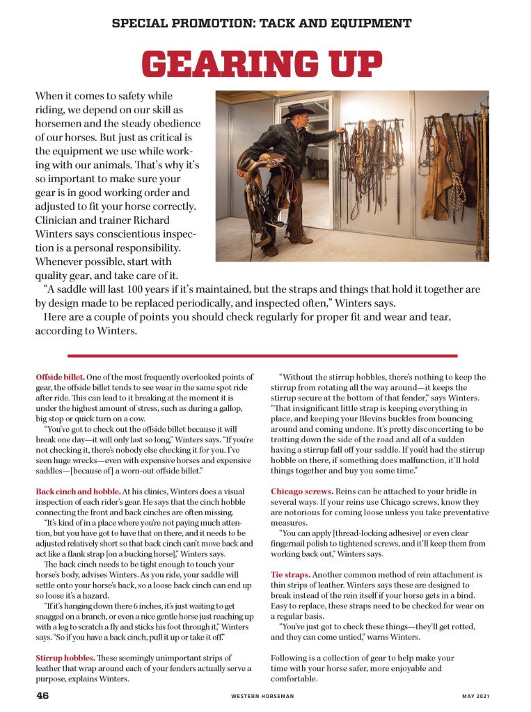 Special tack and equipment section of the May 2021 Western Horseman Magazine