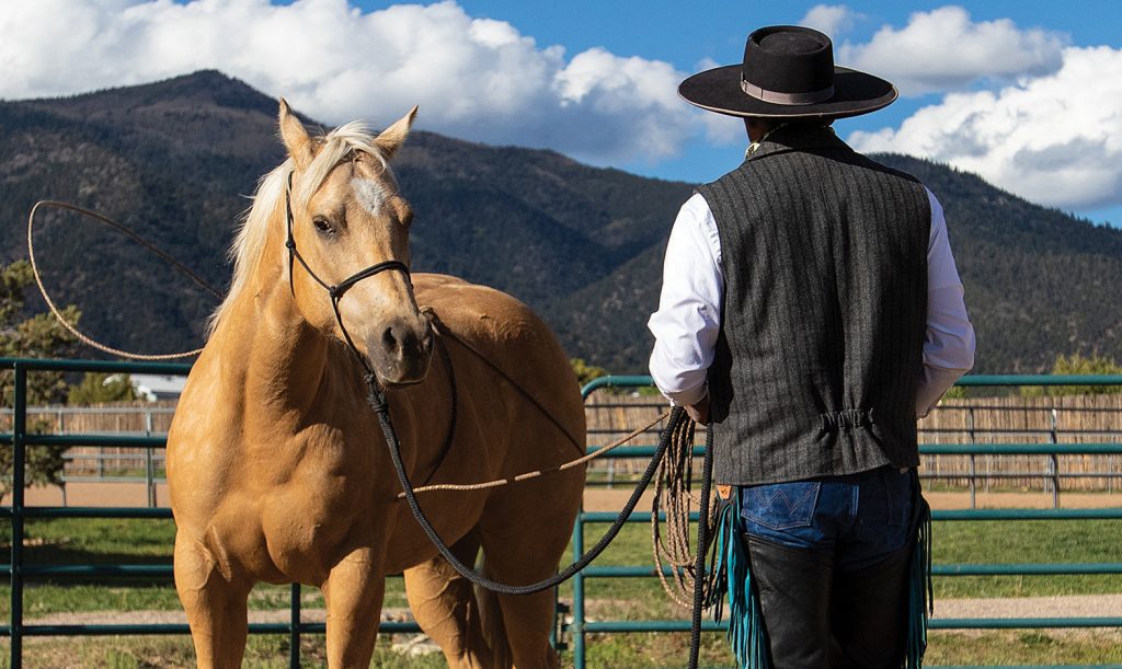 By throwing a rope over the horses back, Lara prepares a horse for saddling.