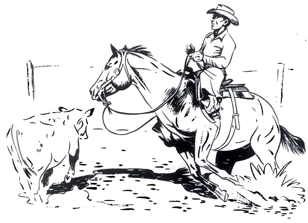 A Monte Foreman illustration of a rider hanging with the cutting horse as he turns.
