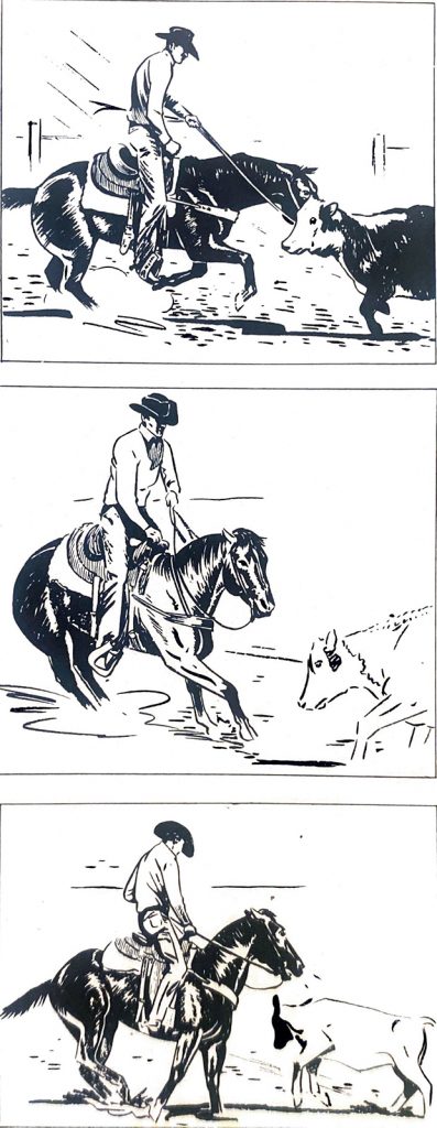 Monte Foreman's illustration of an off-balance rider on a cutting horse.