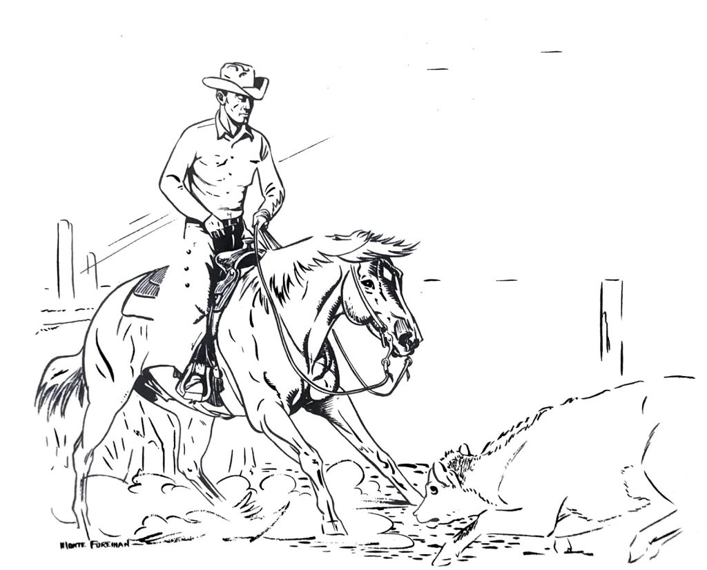 Rider and horse cutting a cow.