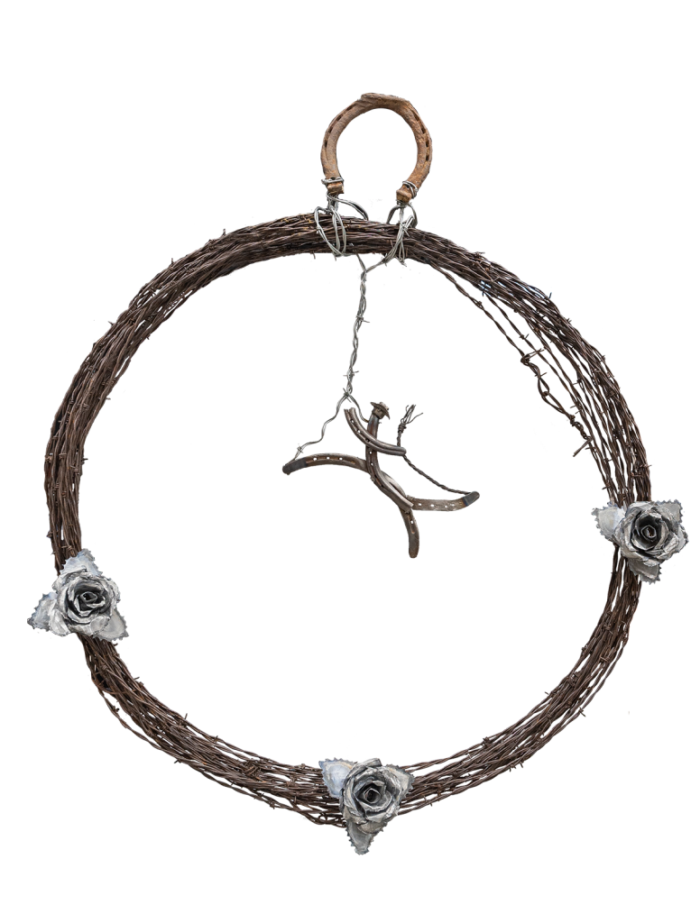 Wire wreath with roses.