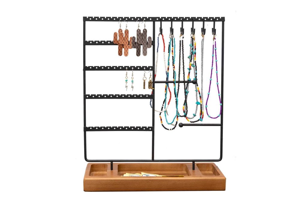 Beaded jewelry on a stand.