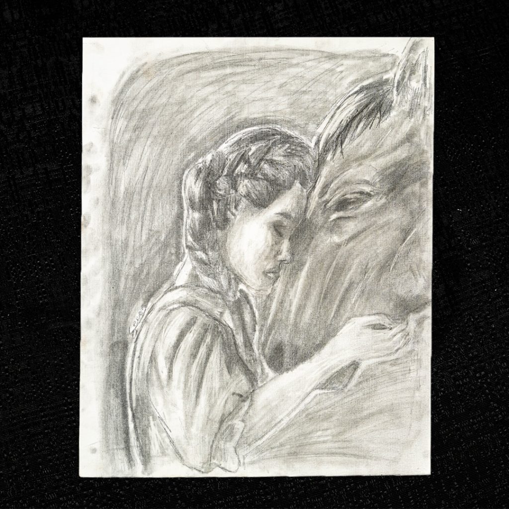 Drawing of girl and horse on black background.