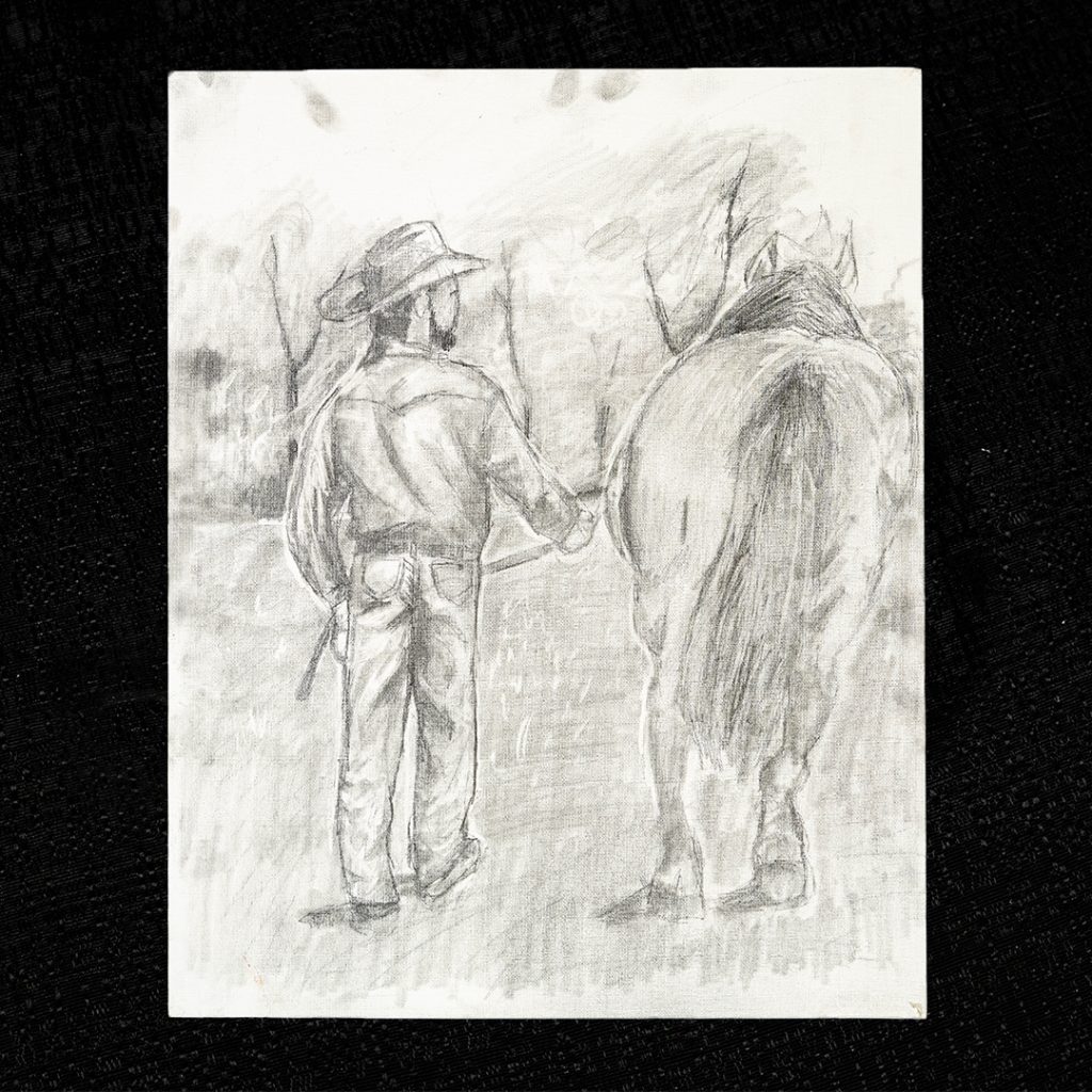 Drawing of man and horse on black background.