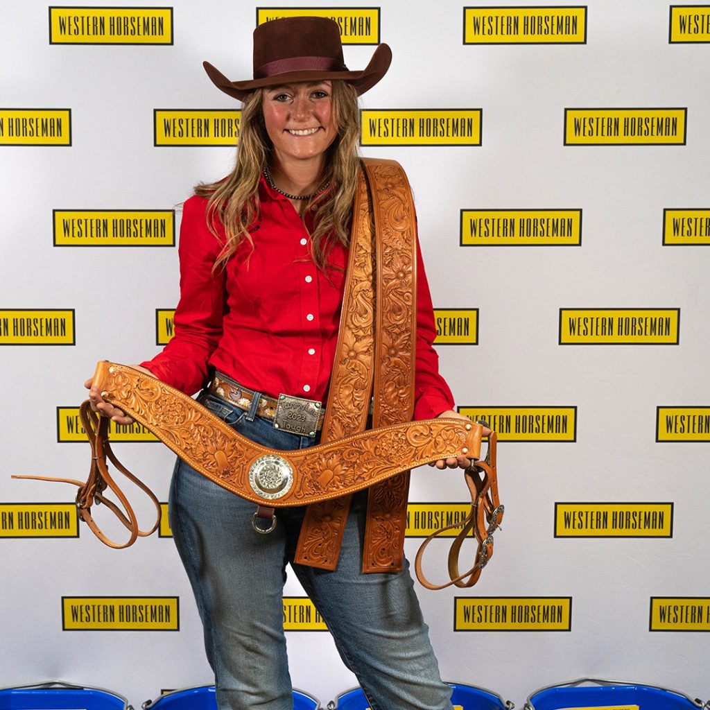 Tooled breast collar and stirrup leathers by Desi Coombs.