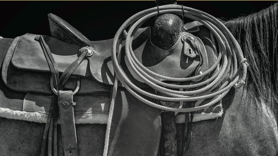 A saddle with a rope tied on.