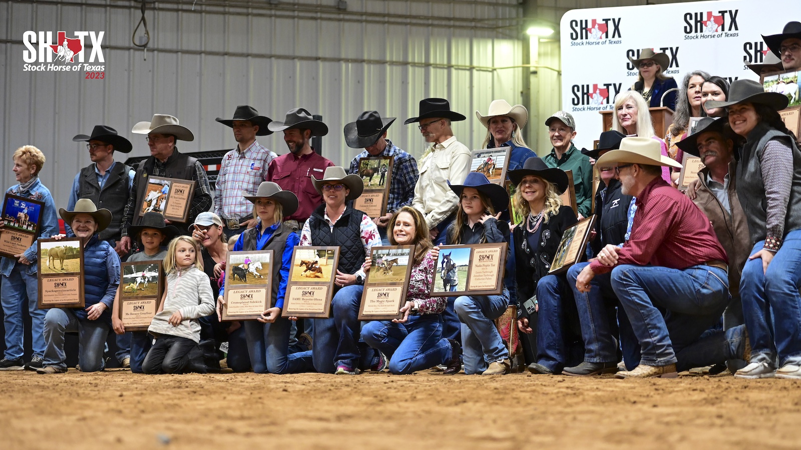Horse owners and exhibitors pose with their Stock Horse of Texas legacy awards.
