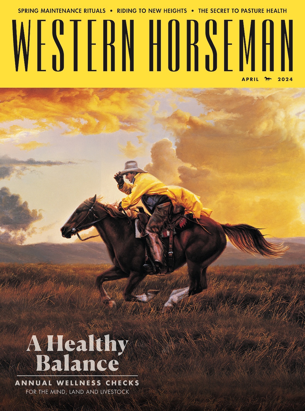 A man in a yellow coat riding a horse on the cover of the Western Horseman magazine.