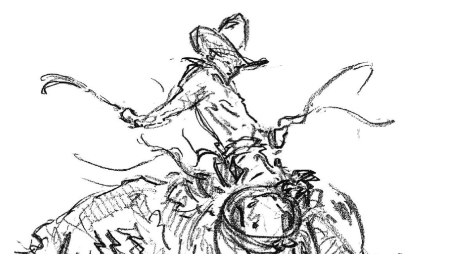 An illustration of a man riding a bronc.