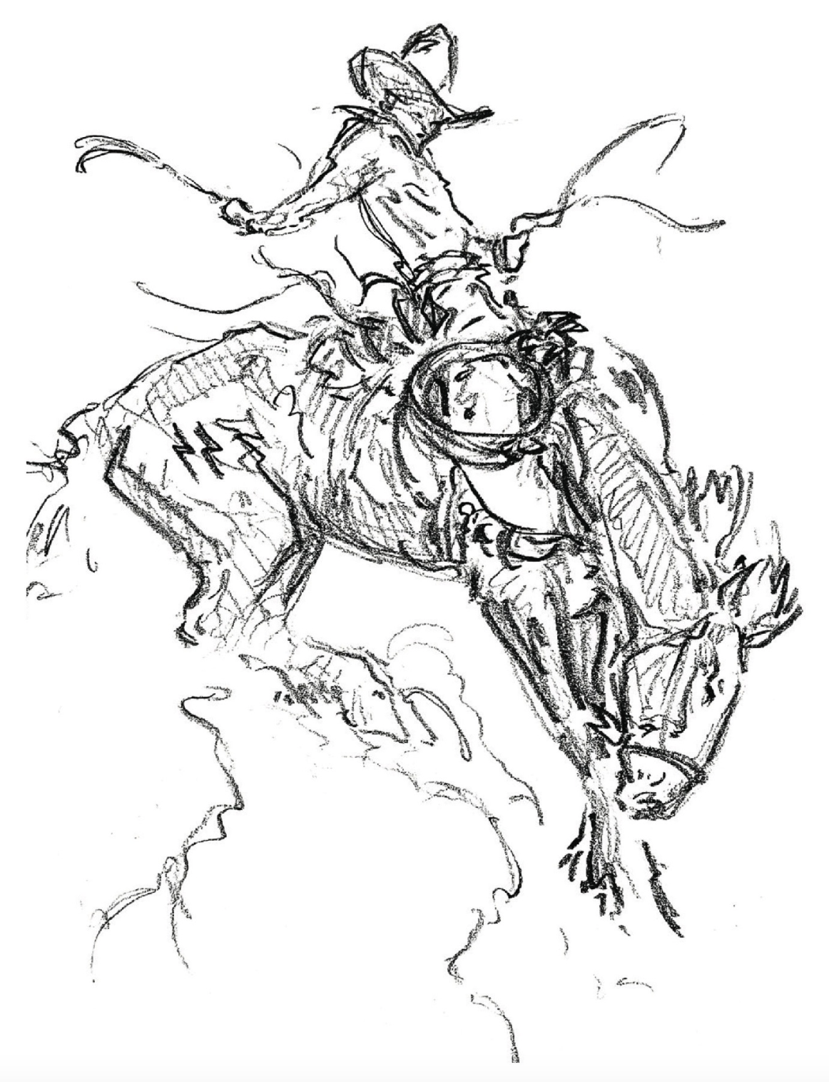 An illustration of a man riding a bronc.