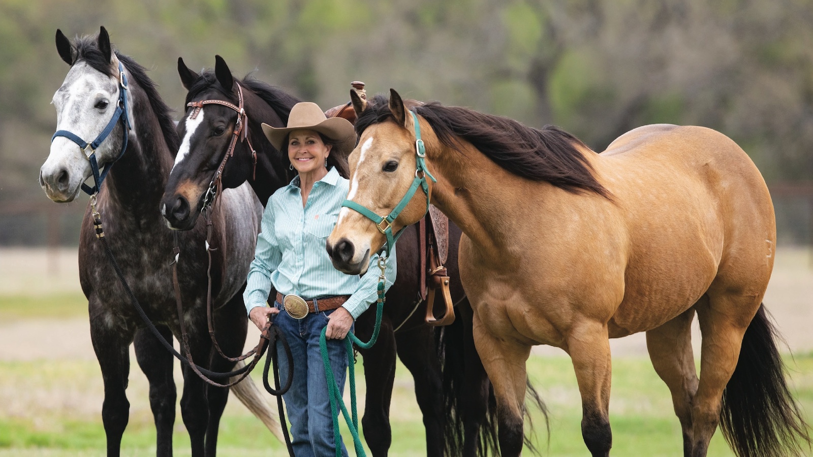 A women holding three horses.