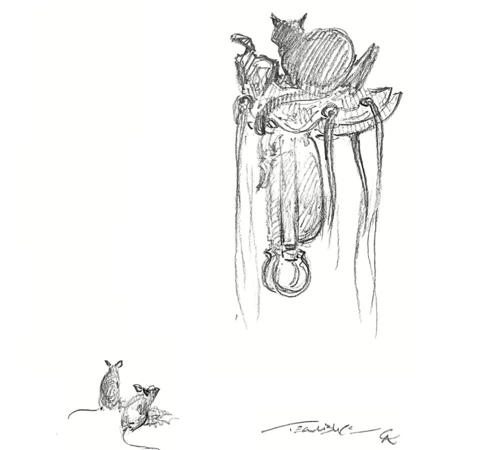 An illustration of a cat sitting on a saddle looking down at two mice.