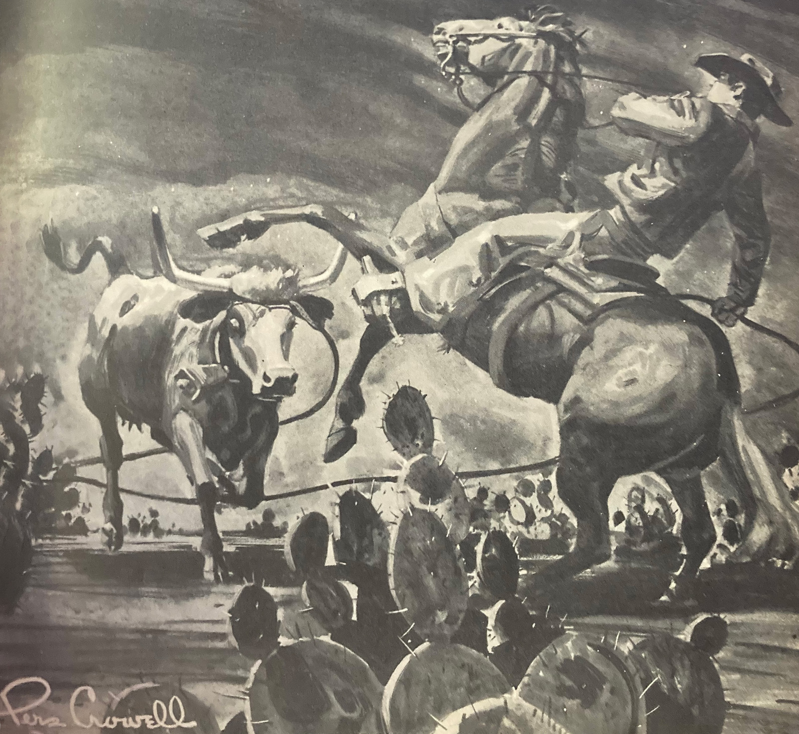 Illustration of a cowboy on a horse roping a wild cow in cacti, illustrated by Pers Crowell