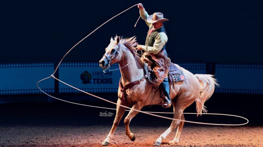 Jerry Diaz swinging a rope around him and his horse at the State Fair of Texas. Photo courtesy of the Diaz family.