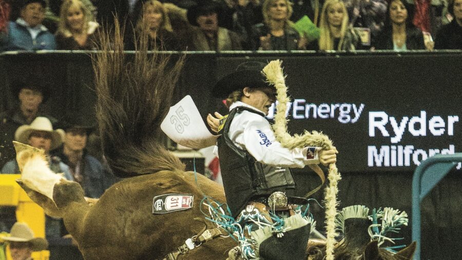 Ryder Wright atop Killer Bee in round 7 of the 2016 NFR, photo courtesy of Ross Hecox