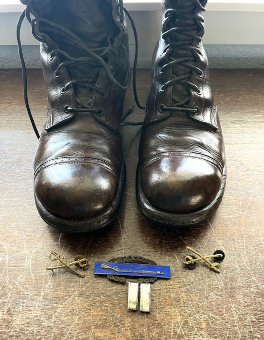 Kyle wore WWII Silver Star awardee Zealy Holmes' boots during the jump to commemorate D-Day's 80th anniversary. Courtesy of Kyle Noyce