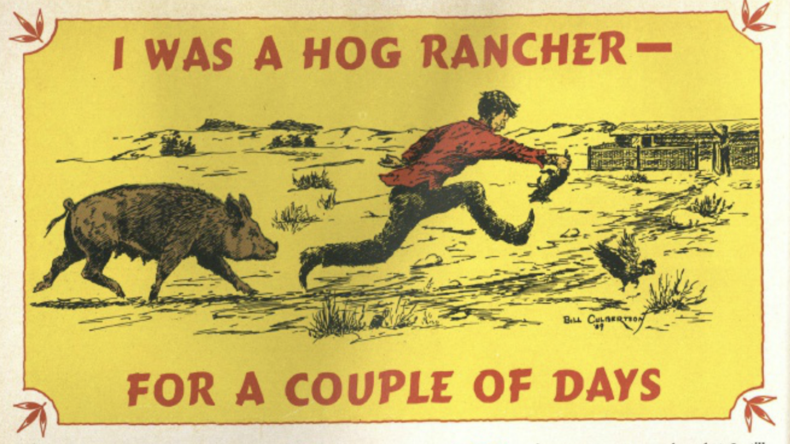 cartoon illustration of a man holding a piglet running from a sow